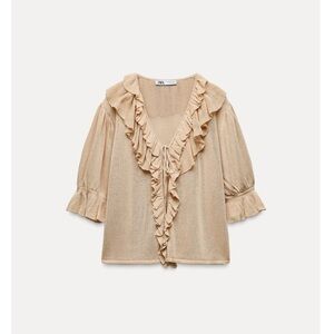 Zara Tan Puff Sleeve Ruffled Blouse